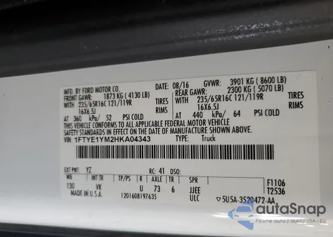 2017 Ford Transit T-150 z USA, uszkodzony, nr VIN 1FTYE1YM2HKA04343